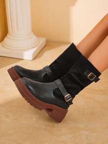 Women's Double Buckle Patchwork Slouch Mid-Calf Boots, Thick Sole Serrated Chunky Heel Side Zipper Western Style Riding Boots, 4 Colors Available For Autumn/Winter - Black - View 6
