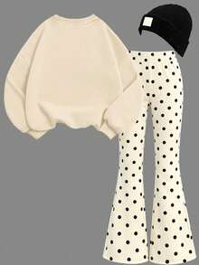 2pcs/Set Girls Sweatshirt + Polka Dot Flare Pants Outfit, Cartoon Dachshund Print, Soft Casual Set - Apricot - View 3
