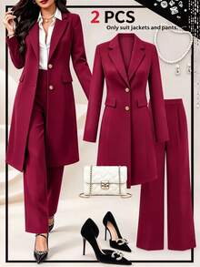 Women's Spring/Autumn Elegant Commute 2 Pieces Set, Long Waist-Cinching Vintage British Design Faux Pocket Button Detail Blazer Coat Paired With Simple Casual Straight-Leg Long Pants - Wine Red 18 - View 1