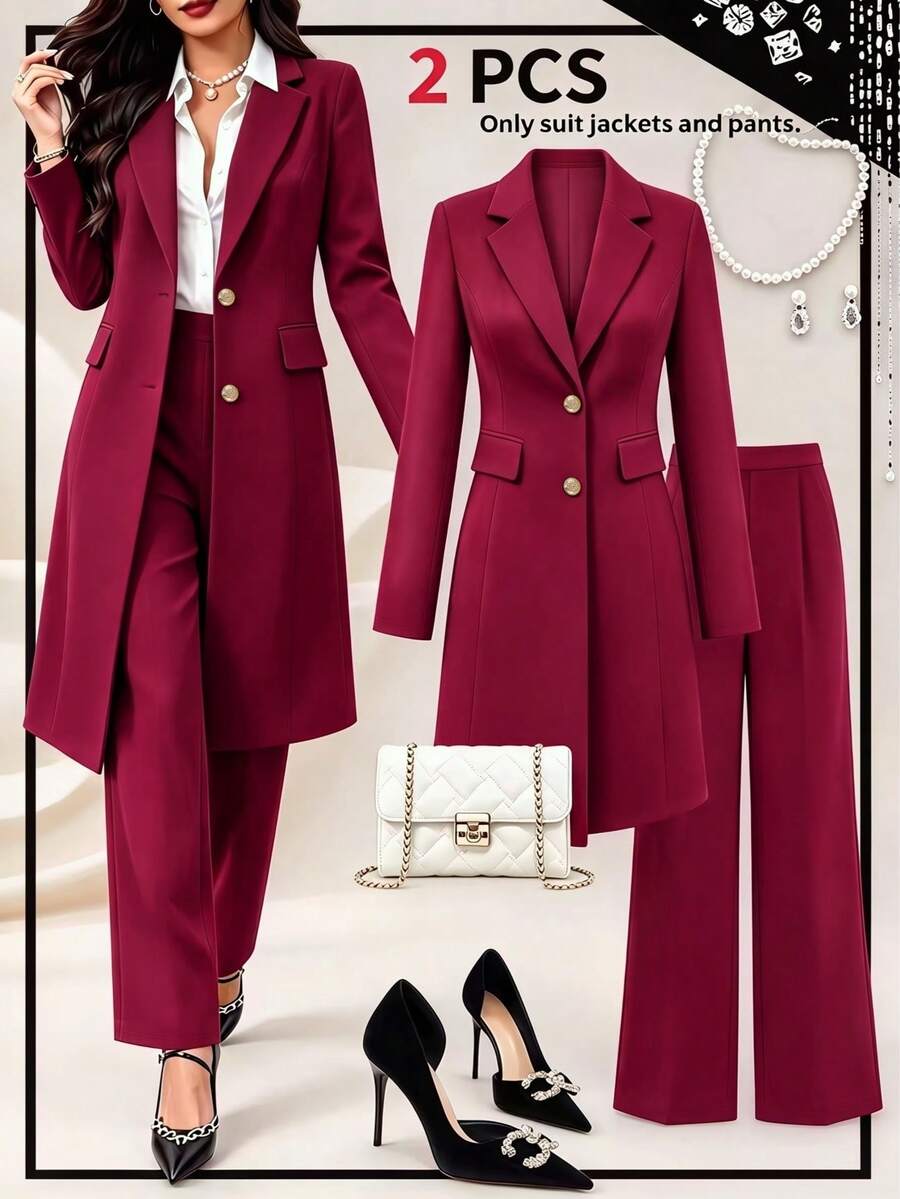 Women's Spring/Autumn Elegant Commute 2 Pieces Set, Long Waist-Cinching Vintage British Design Faux Pocket Button Detail Blazer Coat Paired With Simple Casual Straight-Leg Long Pants - Wine Red 18 - View 1