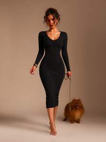 Solid Color Long Sleeve V-Neck Slim Fit Mid-Length Dress, Casual Black Elastic Spring Women's Dress - Black - View 4