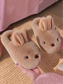 女款毛絨保暖卡通室內拖鞋，軟底舒適可愛，包頭設計，秋冬款，保暖內裡加厚毛茸茸 - 卡其色 - 查看 4