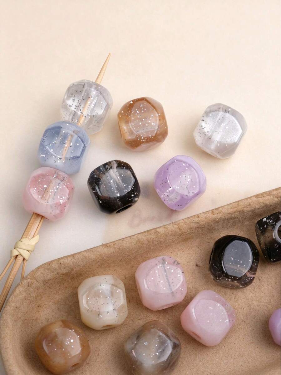 10pcs Large Hole Glitter Dual-Tone Square Beads, Transparent Acrylic Spacer Beads, Suitable For DIY Jewelry Making, Bracelets And Necklaces - Glitter Two-tone Square - View 1