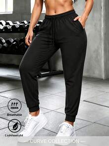 Women's Ice Silk Breathable Sports Pants, High Elasticity Drawstring Joggers, Breathable And Comfortable, Suitable For All Seasons, Plus Size - Black - View 2