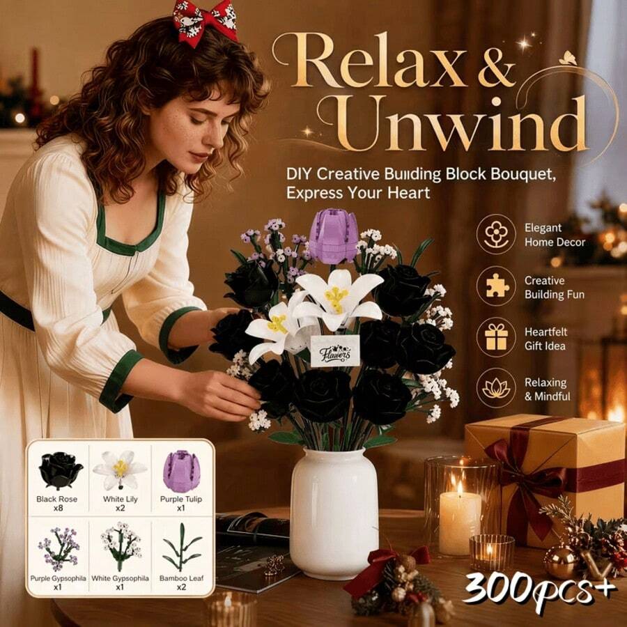 Creative Building Block Flower Bouquet Assembly Toy Set, Includes Roses, Tulips, Lilies And Baby's Breath Multiple Flower Types, Tight Interlocking Particles, Fun Assembly Process, Develops Children's Hands-On Ability And Concentration. No Watering Required For Long-Term Display, Can Be Paired With Vase As Desktop Decoration, Suitable As Holiday Gift, Birthday Gift, Educational Handmade Building Blocks For Boys And Girls. Vase Not Included - Multicolor - View 1