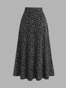 EARO Plus Size Women's Flowy Elegant Ditsy Floral Midi Skirt, Versatile - Black - View 6