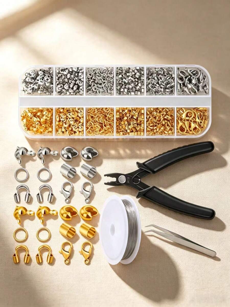 1 Box 1203pcs Crimp Bead Jewelry Making Tools Kit, Includes Crimp Caps, Crimp Tubes, Wire Protectors, Lobster Clasps, Jump Rings, Crimping Pliers, Beading Wire, Tweezers And Pliers, Suitable For DIY Jewelry Making And Repair - 12-piece Socket Set (Tool Version) - View 1