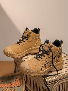GAISIMA Men's Contrast Stitching High-Top Hiking Boots, Cargo Style Style Lace-Up Non-Slip Thick Sole Ankle Boots, Suitable For Camping And Daily Wear, Autumn/Winter - Mustard Yellow - View 3