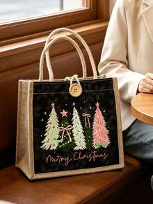 Christmas Printed Linen Tote Bag, Reusable Printed Women's Tote Bag, Large Capacity Shoulder Bag,For Friends And Best Friends, Gift For Teachers - Multicolor - View 8
