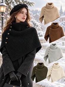 Stylish High-Neck Knitted Wrap Shawl Featuring An Asymmetrical Cut And Side Button Detailing; Warm, Comfortable, And Versatile For Stylish Layering Across All Seasons. - Multicolor - View 1