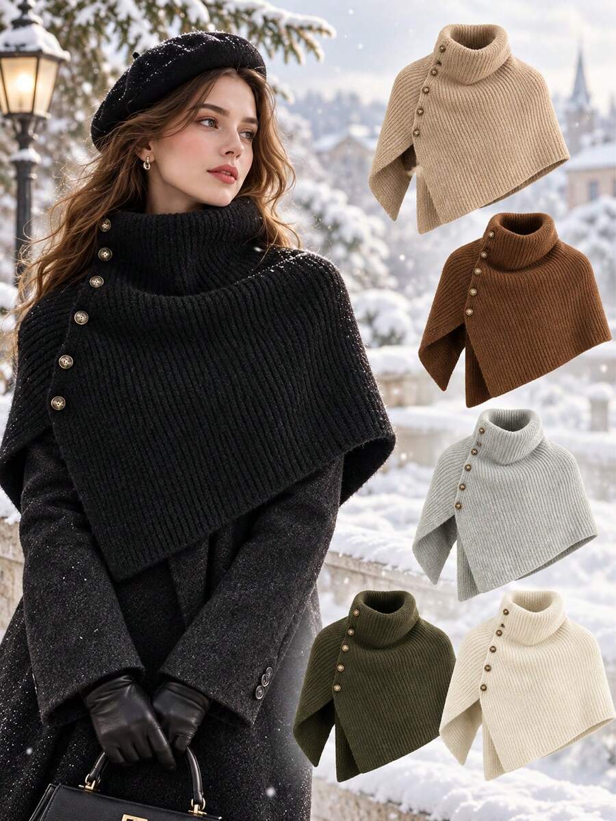 Stylish High-Neck Knitted Wrap Shawl Featuring An Asymmetrical Cut And Side Button Detailing; Warm, Comfortable, And Versatile For Stylish Layering Across All Seasons. - Multicolor - View 1
