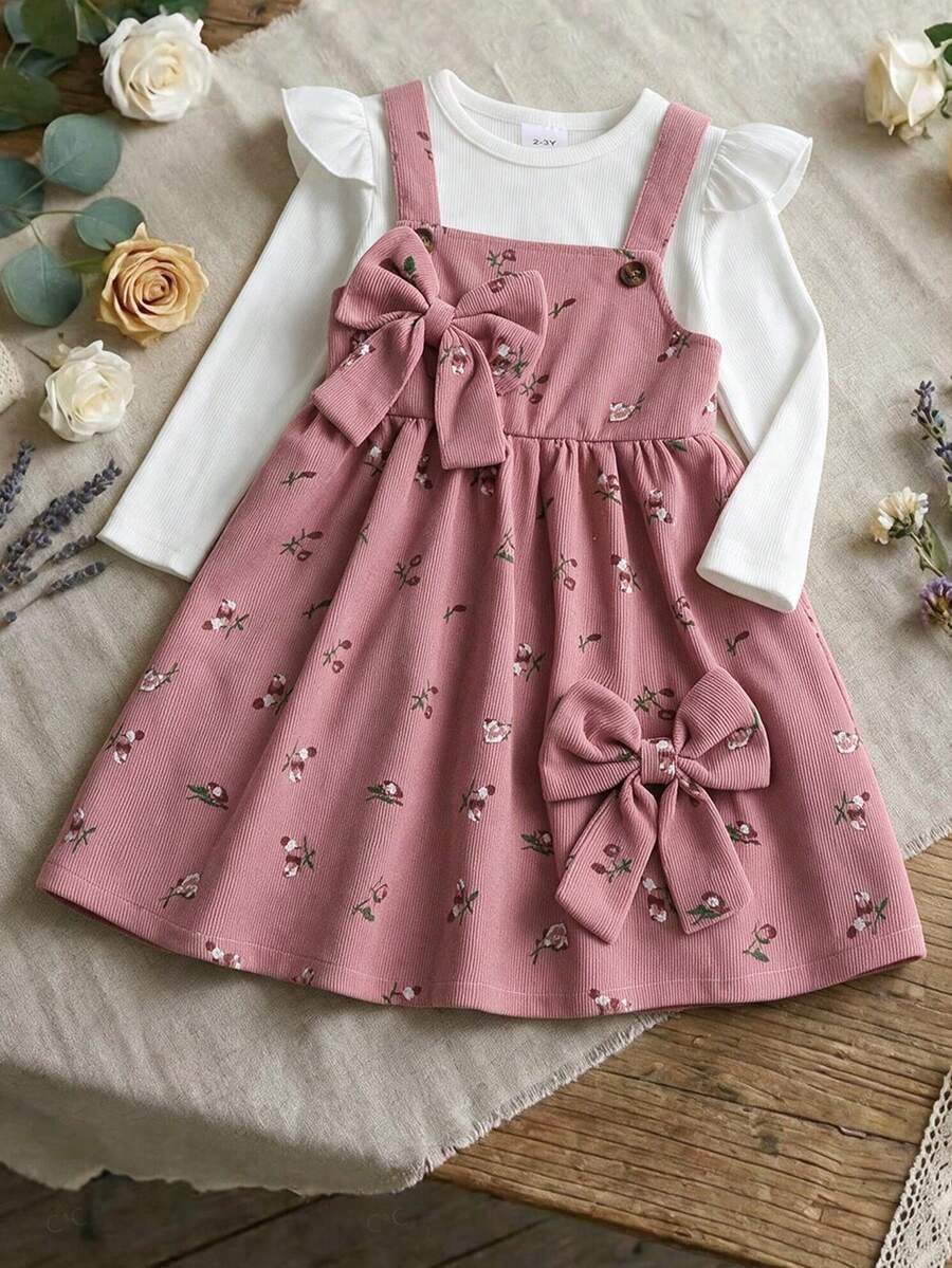 2pcs Young Girls Mori Style Comfortable Long Sleeve Top & Printed Corduroy Overall Dress Set, Thin Spring/Autumn - Pink - View 1