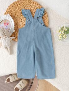 1pc Baby Girl Cute Casual 3D Floral Embroidered Corduroy Overalls, Thin Spring/Autumn - Dusty Blue - View 2