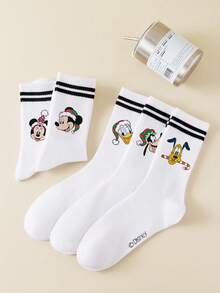 1/5 Pairs Disney Men's Mid-Calf Socks, Double Stripe Cartoon Graphic, Simple Breathable Sports Socks, Christmas Gift Socks - Multicolor - View 2