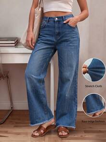 Women's Straight Leg Jeans, Mid-Waist Stretch Denim With Front And Back Pockets, Frayed Hem, Elegant Versatile Jeans For Autumn, Suitable For Various Occasions - Blue - View 1