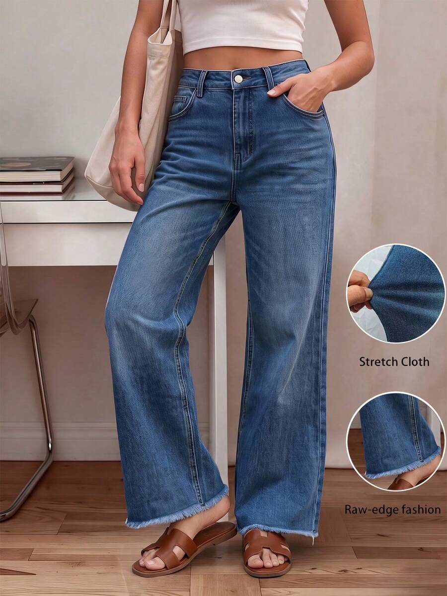 Women's Straight Leg Jeans, Mid-Waist Stretch Denim With Front And Back Pockets, Frayed Hem, Elegant Versatile Jeans For Autumn, Suitable For Various Occasions - Blue - View 1