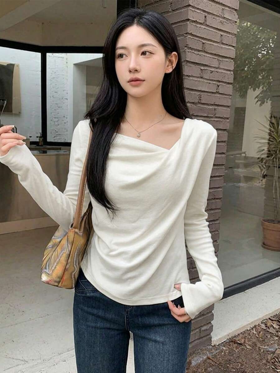 Korean Style Soft Cashmere Long Sleeve T-Shirt For Women, Asymmetrical Twist Pleated Design, Slimming, Autumn Casual White Spring - White - View 1