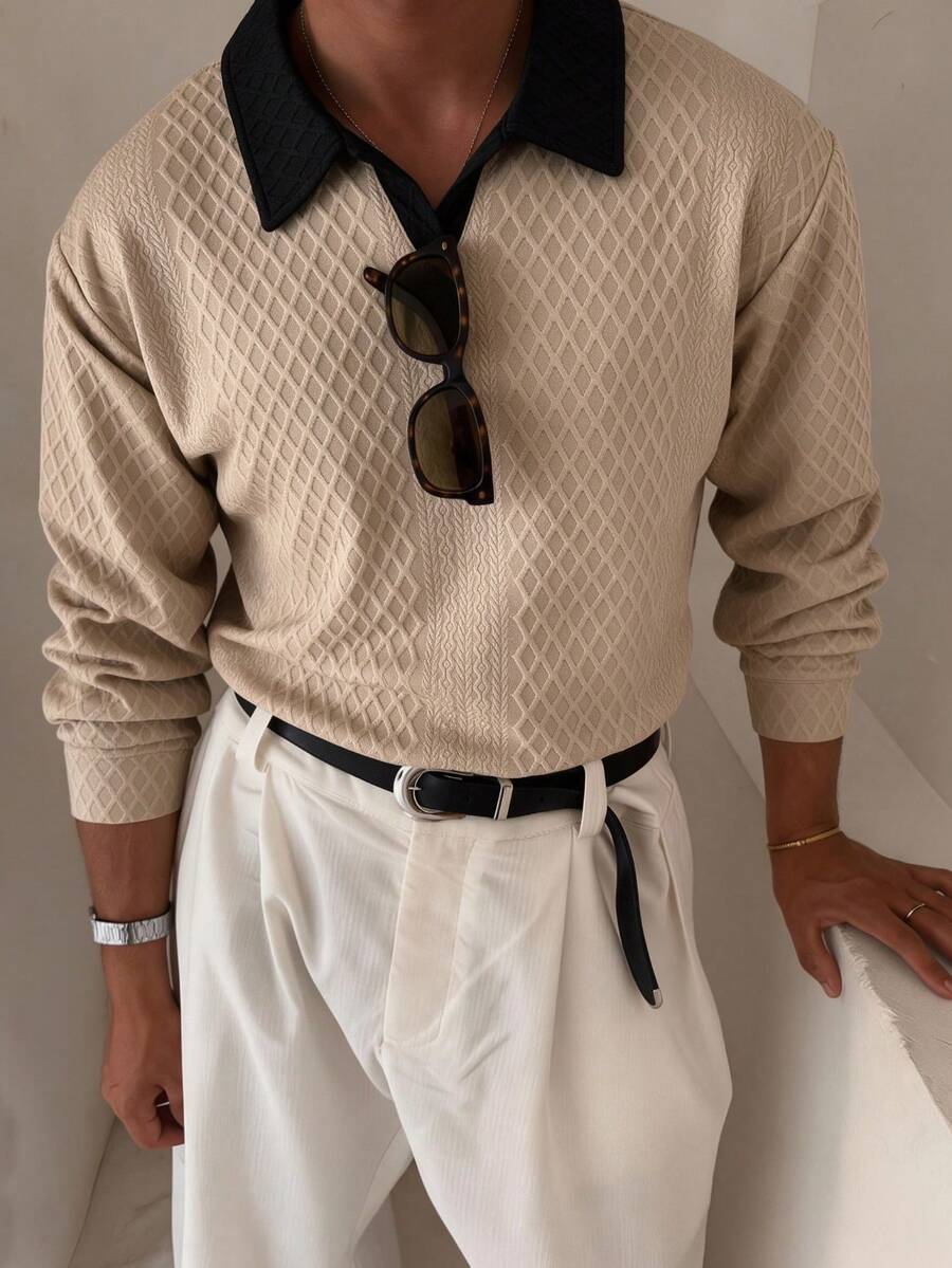 Men's Luxury Contrast Color Black Turn-Down Collar Diamond Grid Textured Long Sleeve Polo Shirt, V-Neck Jacquard Casual Top For Spring And Autumn - Khaki - View 1