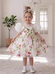 Baby Girls Puff Sleeve Floral Print Organza Cute Party Princess Dress, Fabric Floral Pattern Random Cut, Bag Not Included - White - View 1