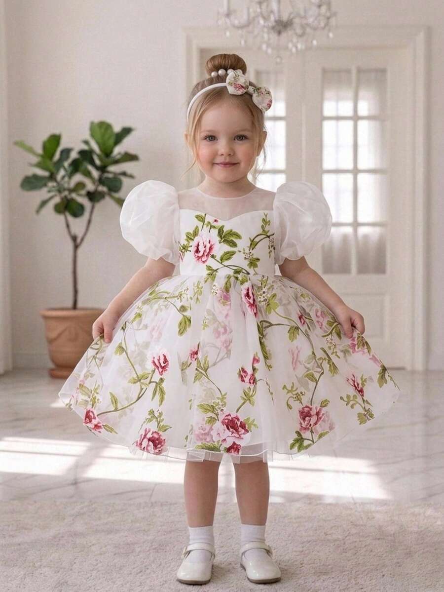 Baby Girls Puff Sleeve Floral Print Organza Cute Party Princess Dress, Fabric Floral Pattern Random Cut, Bag Not Included - White - View 1