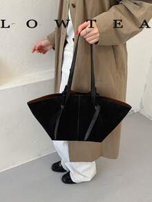 Low Tea 2件組純色PU布料女款休閒大容量托特包 BOOK Bag，雙手柄設計，磁吸開合，適合旅行、購物、約會，女性禮物，適合青少年女孩、大學生、職場新人與白領上班族，完美適用於辦公室、校園、工作、商務、通勤、戶外、旅行、出遊 - 黑色 - 查看 5