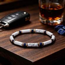 Natural White Turquoise Tube Beads & Lapis Lazuli Disc Beads Elastic Bracelet, Wisdom & Abundance, Insight Enhancing, Versatile Daily Casual Jewelry Gift For Men - Multicolor - View 3