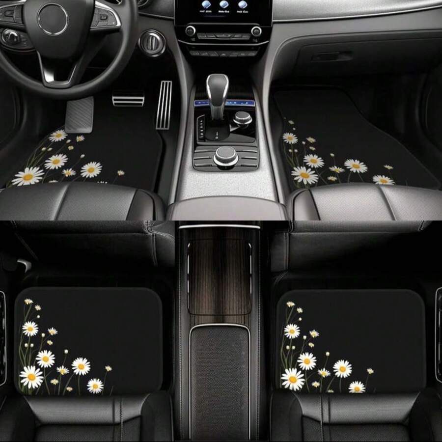 4pcs Car Floor Mats And Trunk Mat, Car Interior Floor Mat, Car Protection Mat, Polyester Material, Daisy Style, Suitable For Truck/Sedan/SUV - Daisy - View 1