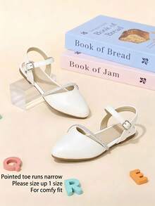 1 Pair Beige Girls' Rhinestone Thin Strap Decor PU Material Pointed Toe Closed Toe One-Strap Backless Flat Sandals, Gentle Minimalist Style, Suitable For Summer Outings, Birthday Parties, 2026 New Arrival - White - View 3