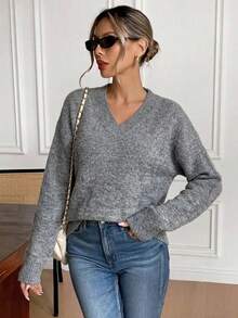 Chic Women's Fuzzy Gray Pullover Sweater, Regular Length V-Neck With Long Sleeves And Rib-Knit Cuffs, High Stretch For Comfortable Fall & Winter Wear - Grey - View 5