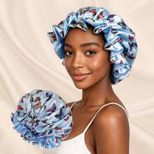 1pc Reversible Double Layer Satin Hair Bonnet For Women, Colorful Butterfly Print Ruffled Trim Sleep Cap, Silky Protective Night Natural Hair - Lace Hat - View 11
