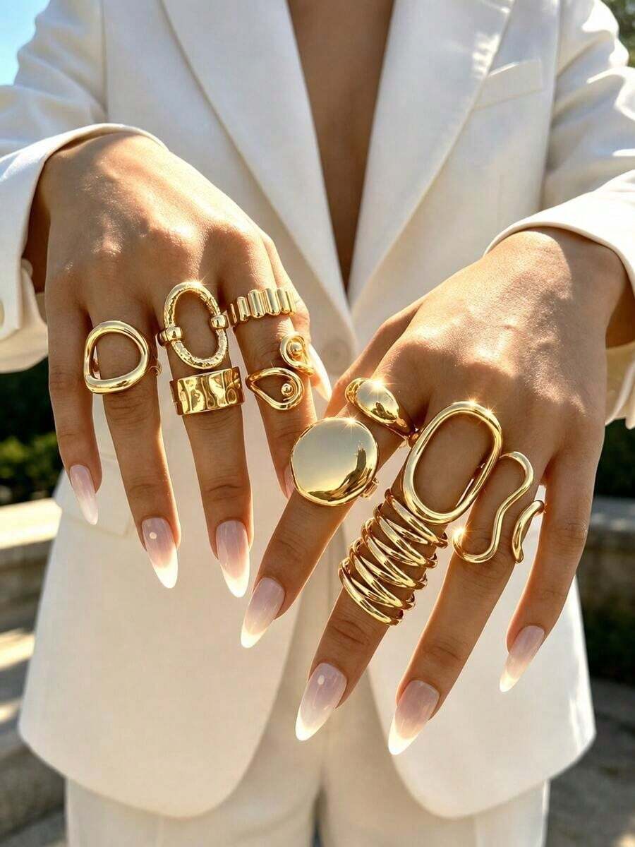 10pcs Multi-Layer Stackable Fashion Minimalist Elegant Exquisite Vintage Design Geometric Ribbon Round Hollow Design Beaded Asymmetrical Pleated Texture Cross Multi-Layer Smooth Minimalist Plain Band Exaggerated Wide Chunky Rings Set, Holiday Vacation Party Date Gift, Daily Commute Wear - Gold - View 1