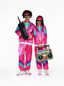 Men's Color Block Zipper Long Sleeve Top And Pants, 70s Retro Disco Costume Outfit For Party And Stage Performance - Pink - View 1