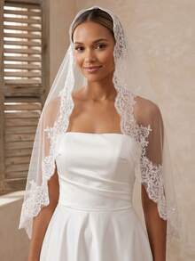 1 Pc Mantilla Wedding Veil Lace Applique With Sequins Fingertip Length Bridal Veil With Invisible Comb For Brides - Multicolor - View 6