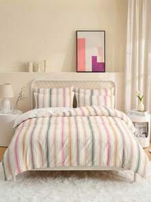 2/3 Piece Bedding Set, Home Textile, Minimalist Style, Pink & Green Striped, Comfortable & Breathable Bedding Set, Soft & Anti-Pilling, No Comforter Insert, Suitable For All Sizes Of Large And Small Beds, All Season, Indoor Decor - Multicolor - View 6