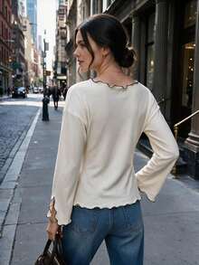 Women Lettuce Trim Neckline Top Contrast Binding Flare Sleeve Soft Ribbed Shirt For Fall Winter Daily Commuting Going Out Dating - Apricot - View 4