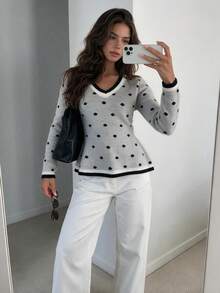 Women's V-Neck Polka Dot Sweater, Contrast Trim Ruffle Hem Knit Top, Suitable For Autumn/Winter Daily Commute And Outings - White - View 5