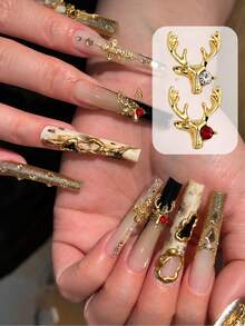 10Pcs 3D Deer Head Nail Charms Gold Silver Alloy Elk Nail Rhinestones Metal Crystal Nail Art Decorations DIY Manicure Accessories - Multicolor - View 2
