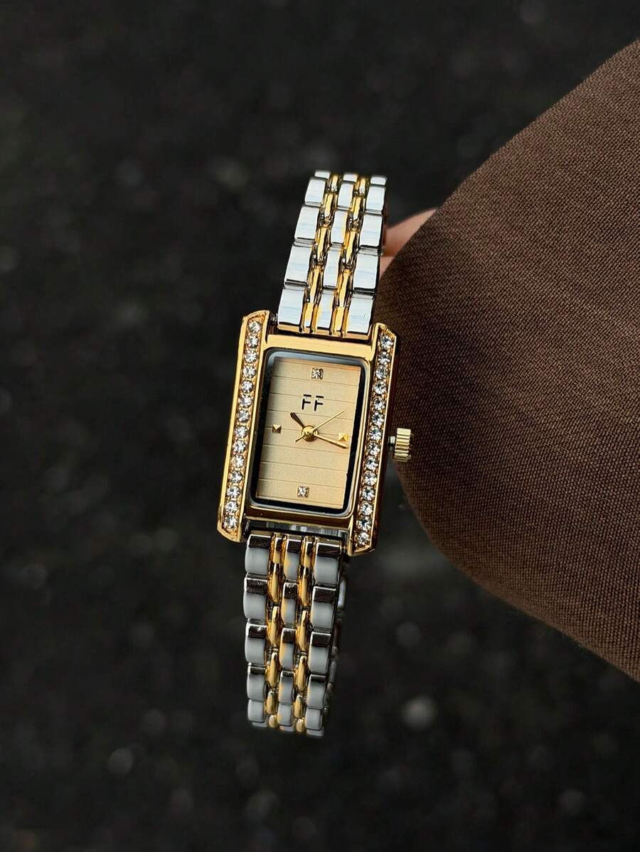 1pc Stylish Two-Tone Women's Quartz Watch Gold Dial Rhinestone Bezel & Markers Perfect For Daily Wear Or Gifting - Silver and Gold - View 1