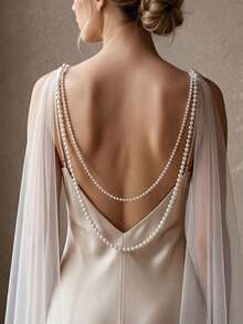 1pc Handmade Beaded Long Train Mesh Bridal Cape, Women's Wedding Shoulder Veil, Photography, Party Wedding Dress Accessory - White - View 3