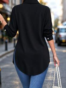 Fashion Women Side Slit Hem Fake Pocket Casual Shirt Black Spring - Black - View 3