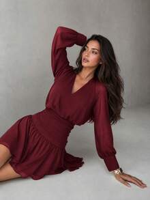 Elegant V-Neck Backless Loose Chiffon Mini Dress, Suitable For Date Night, Summer Vacation, Autumn Outings, Holidays And Countryside Activities - Burgundy - View 7