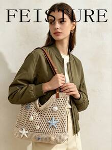 Starfish Shell Crochet Tote Bag, Beige Hollow Beach Small Size Shoulder Bag, Women's Summer Vacation Handbag - White - View 3