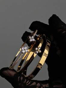1/3Pcs Fashionable Stainless Steel 18K Gold Plated Women's Four-Leaf Clover Rhinestone Bracelet Set With 18K Gold Four-Leaf Clover Stainless Steel Cubic Zirconia Open Cuff Bracelet, Suitable For Women's Daily Wear, Holiday Gift, Fashionable Women's Bracelet Set - Gold - View 6
