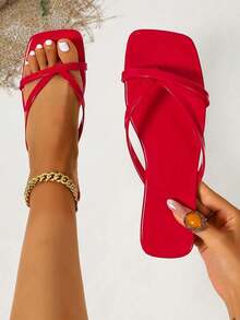 Women's Shiny Red Square Toe Thong Sandals, Flat Cross Strap Flip Flops, Simple Beach Slippers, Summer New Style - Red - View 1