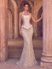 Elegant Women's Halter Neck Long Satin Evening Gown, Embellished With Sequins And Pearls, Romantic Flared Hem Formal Dress, Suitable For Weddings, Galas, Events - Champagne - View 7