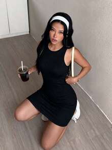 Autumn/Winter Ribbed Tank Top Bodycon Dress 2-In-1 With Built-In Padded Cups Solid Color Versatile Comfortable Minimalist Slimming Casual Wear Women's Shaping Dress - Black - View 2