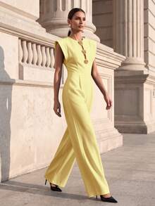 Casual Elegant Solid Color Woven Fabric Front Button Zipper Pocket Jumpsuit, Suitable For Office Wear Spring/Summer - Creamy Yellow - View 1