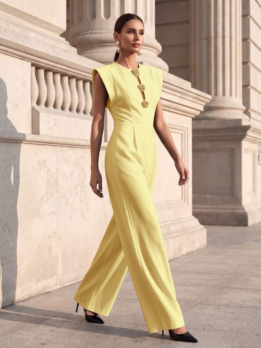 Casual Elegant Solid Color Woven Fabric Front Button Zipper Pocket Jumpsuit, Suitable For Office Wear Spring/Summer - Creamy Yellow - View 1