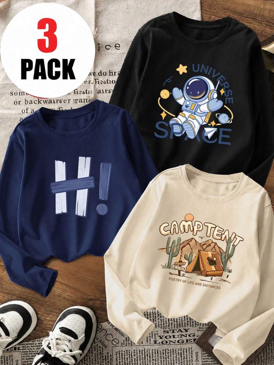 3pcs/Set Boys' Round Neck Long Sleeve Tops, Space Astronaut Outdoor Camping Minimalist Letter Print Loose Fit Spring Autumn Daily Casual Wear, Multi-Color Versatile Matching Set - Apricot - View 1