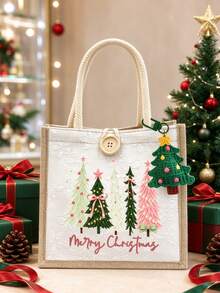 Christmas Printed Linen Tote Bag, Reusable Printed Women's Tote Bag, Large Capacity Shoulder Bag,For Friends And Best Friends, Gift For Teachers - Multicolor - View 5